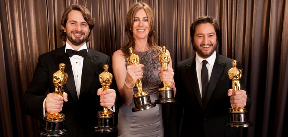 Celebrating the success of "The Hurt Locker," Mark Boal, Kathryn Bigelow, and Greg Shapiro backstage during the 82nd Annual Academy Awards at the Kodak Theatre in Hollywood, CA on Sunday, March 7, 2010.