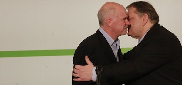 Former premier George Papandreou (L) and PASOK leader Evangelos Venizelos aren't really this close 
