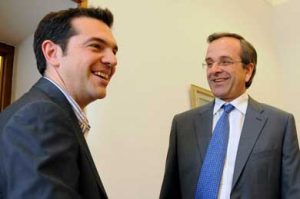 SYRIZA leader (L) Alexis Tsipras with Prime Minister Antonis Samaras