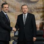 Greek Premier Antonis Samaras (L) with Turkish leader Recep Tayyip Erdogan