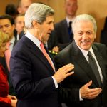 U.S. Secretary of State John Kerry (C) with Greek Foreign Minister Dimitris Avramopoulos