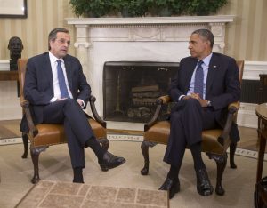 President Barack Obama (R) meets with Greek PM  Antonis Samaras in the Oval Office