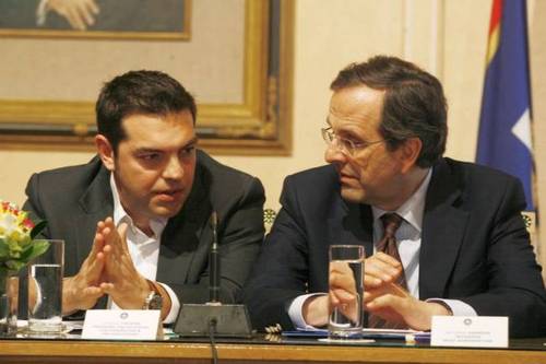 This is as close as SYRIZA leader Alexis Tsipras (L) and Prime Minister Antonis Samaras will get 