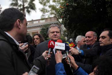 PASOK leader Evanglos Venizelos barraged by reporters