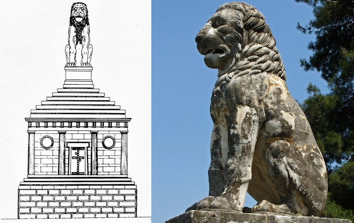 Figure 5. The lion and its reconstructed monument as it stood atop the tomb mound at Amphipolis