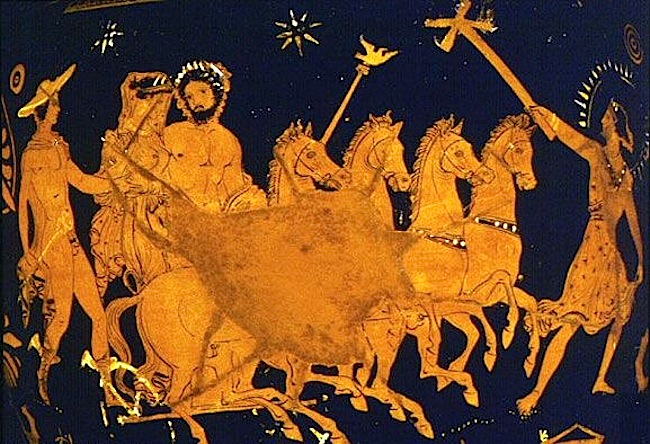 Figure 3: Hades driving Persephone in a chariot with Hermes strolling beside it and Hecate lighting their way from a late 4th century BC vase.