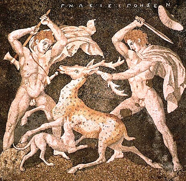 Figure 4: Deer hunt mosaic from Pella: a possible representation of Alexander and Hephaistion, the latter wielding a double-headed axe
