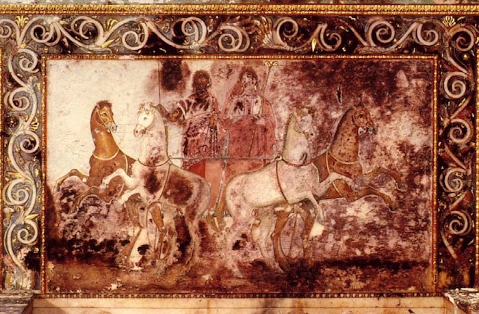 Figure 5: Hades and Persephone in a four horse chariot in a painting from the back of the throne found in the tomb of Alexander’s grandmother Eurydice.