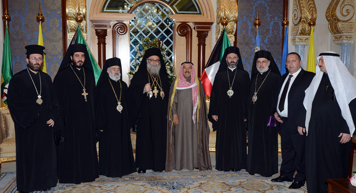 His Highness the Amir Sheikh Sabah Al-Ahmad Al-Jaber Al-Sabah recieves the Head of Greek Orthodox Church John X Yazigi