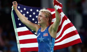 RIO DE JANEIRO, BRAZIL - AUGUST 18: Helen Louise Maroulis of the United States celebrates after defeating Saori Yoshida of Japan during the Women's Freestyle 53 kg Gold medal match on Day 13 of the Rio 2016 Olympic Games at Carioca Arena 2 on August 18, 2016 in Rio de Janeiro, Brazil. (Photo by Julian Finney/Getty Images)