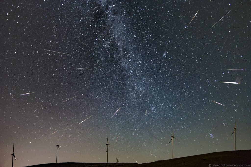The Perseid Meteor Shower 2016 over the Wind Turbines of Panachaiko Mountain in Patras, Greece.