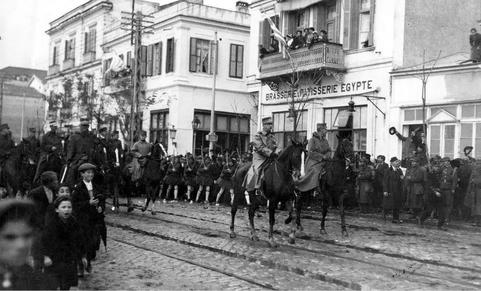 Greek King George I and Crown Prince Constantine enter Thessaloniki