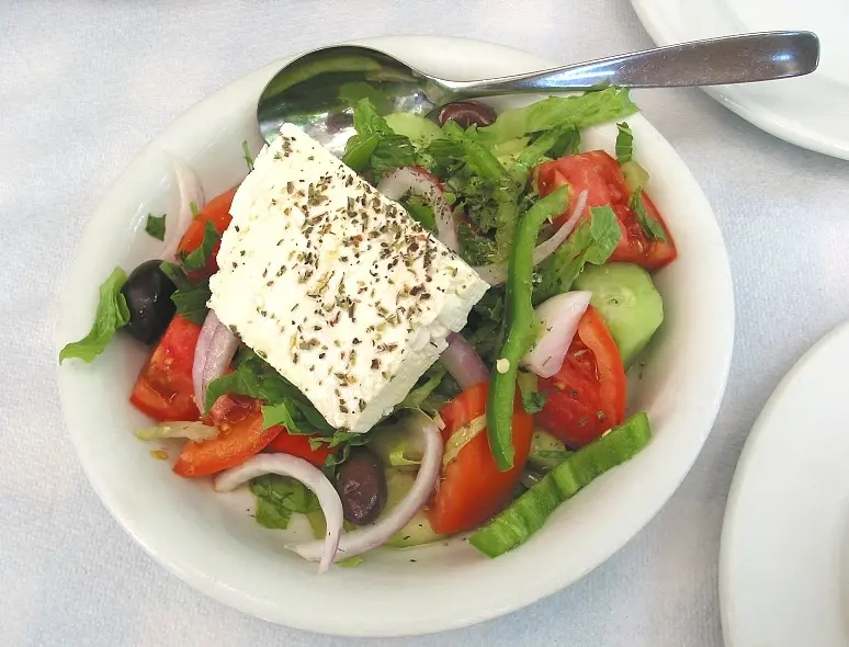 Feta cheese on a Greek salad.