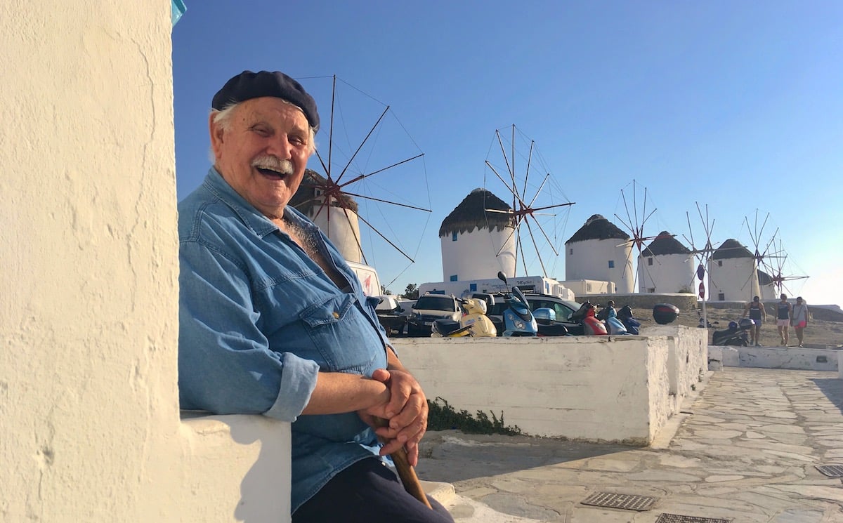 Old Greek man smiling in Mykonos