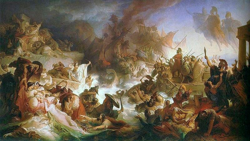 a painting of the battle of Salamis where the ancient Greeks defended against the Persians
