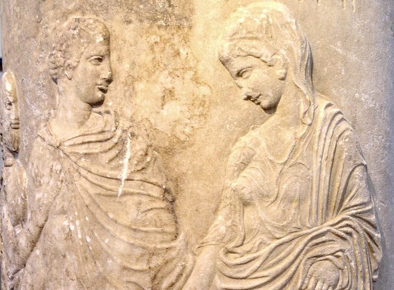 Relief from a carved funerary lekythos at the National Archaeological Museum of Athens, showing Hermes conducting the deceased, Myrrhine, to Hades