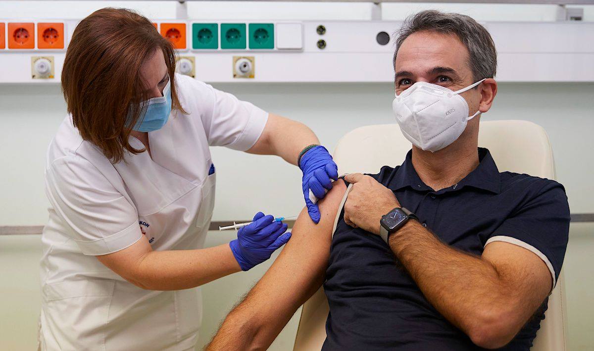 Greek Premier Kyriakos Mitsotakis getting his dose of the Coronavirus vaccine