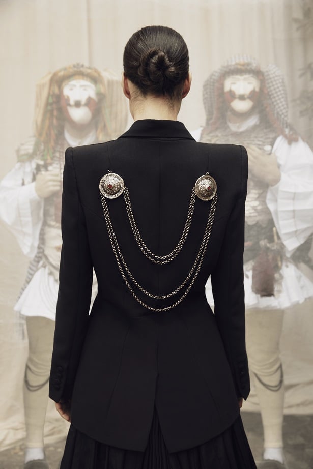 The black tuxedo jacket of the Thourios 1821-2021 Capsule Collection can be customized with the addition of the traditional Kiousteki ornament chains. Credit: Nevro Blazers