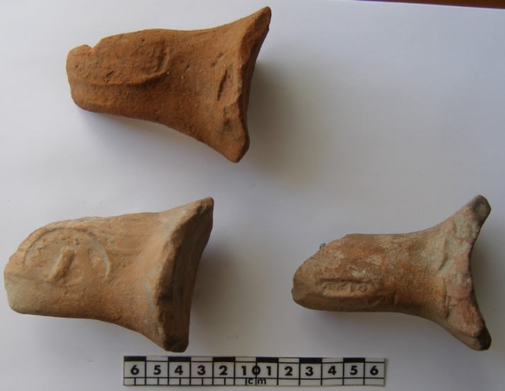 Embossed handles of commercial amphores found in ancient Salamina in 2020. Credit: Hellenic Ministry of Culture