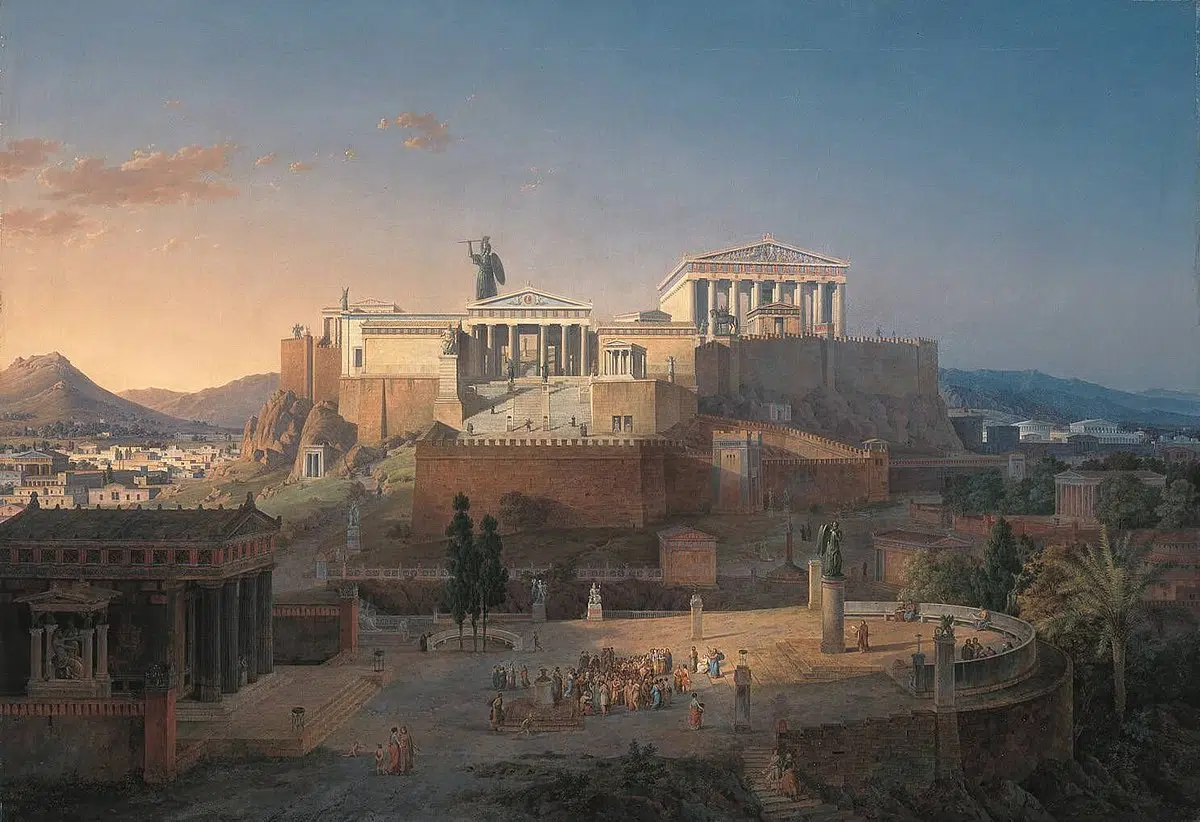 Idealized recreation of the Acropolis, including the Parthenon