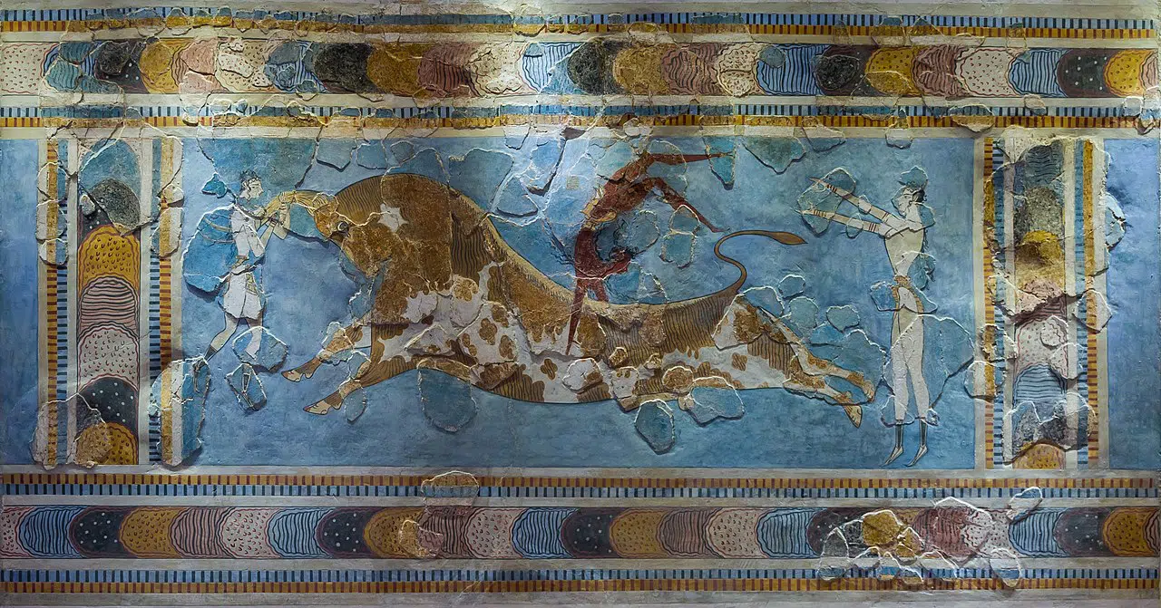A Minoan fresco from the 15th century BC showing the gymnastic feat of leaping over a bull. Heraklion, Crete