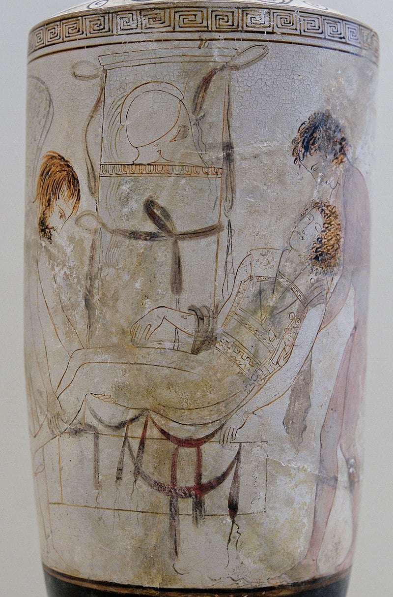 A white-ground Lekytha showing Hypnos and Thanatos. Hypnos was the God of Dreams.