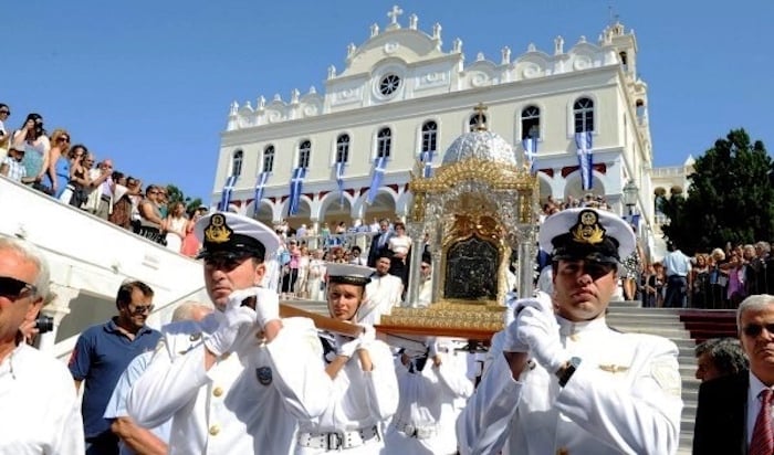greek Navy carrying the holy icon of Virgin Mary in Tinos