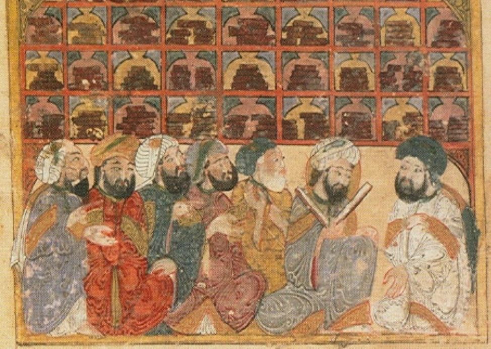 Painting depicting a group of Islamic golden age scholars