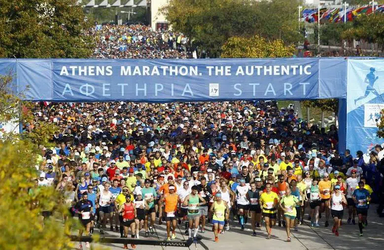 Athens Marathon start line thousands of people