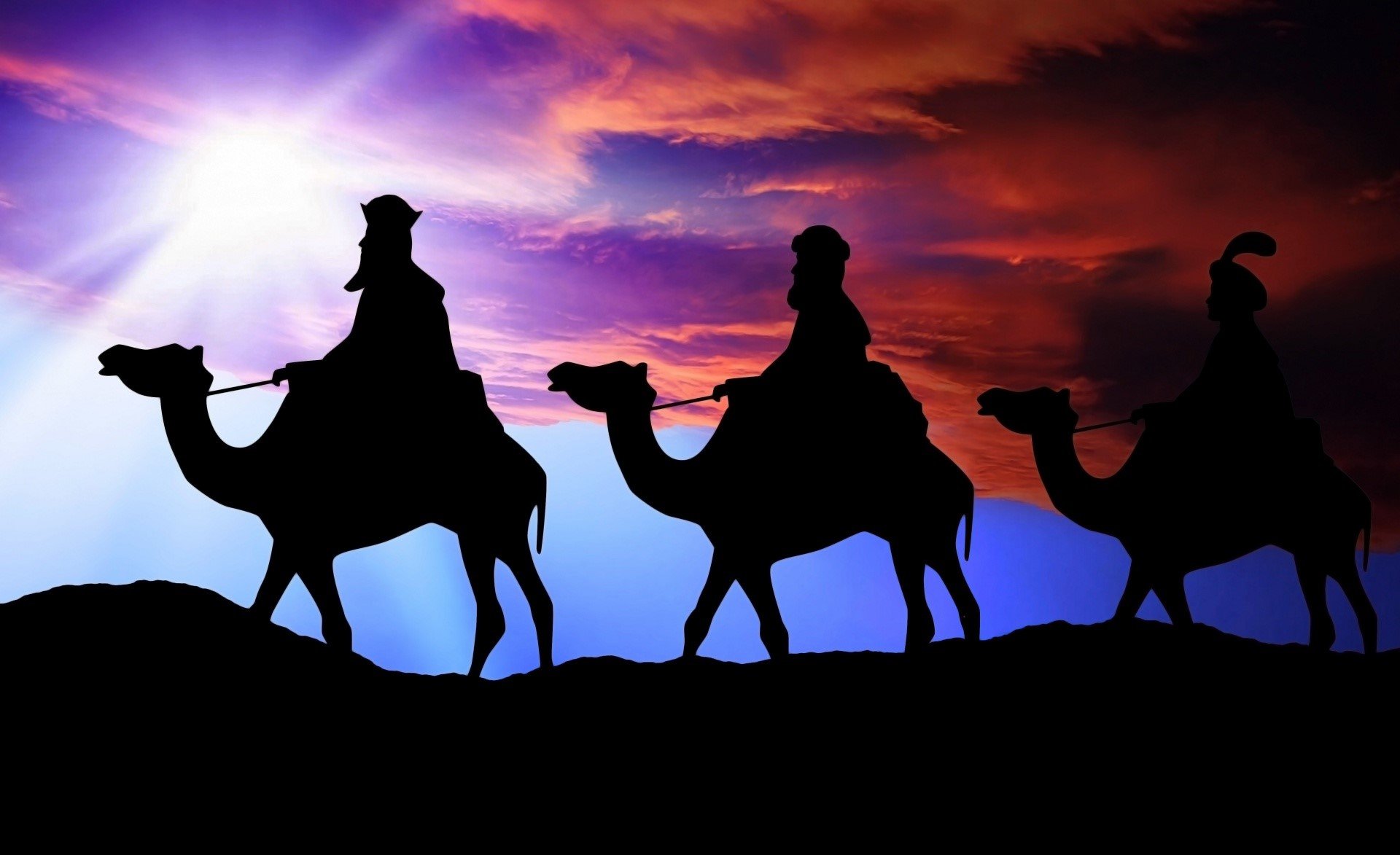 The three wise kings following the biblical star of Bethlehem