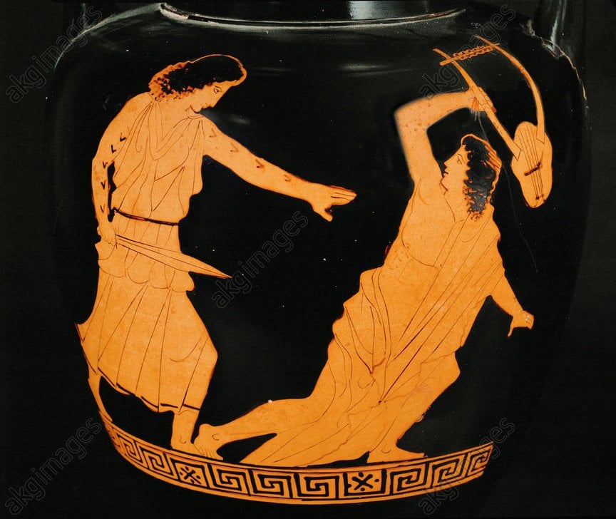 maenad woman with Tattoo in ancient Greece killing Orpheus