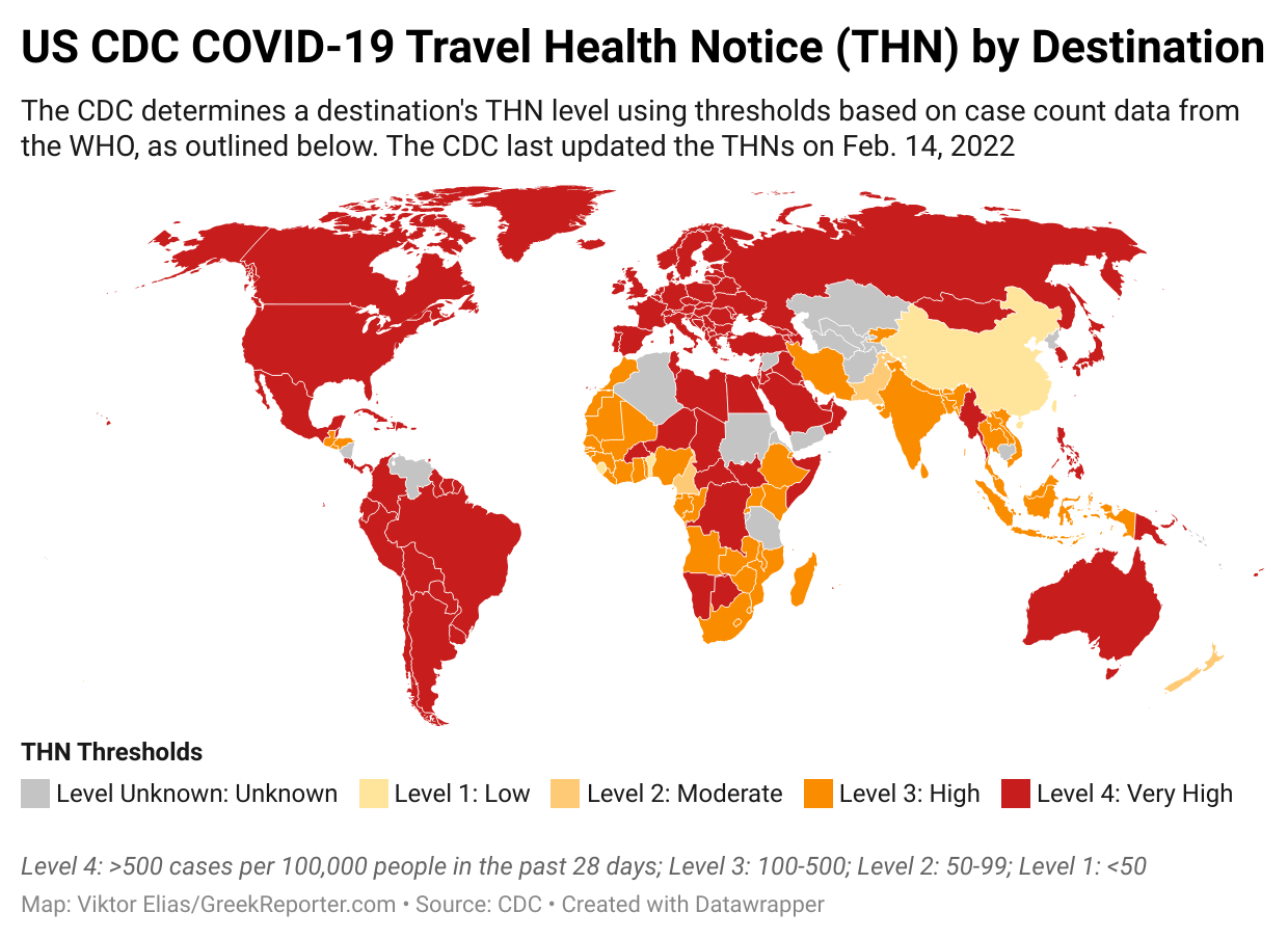 Map of US CDC COVID-19 Travel Health Notice (THN) by destination