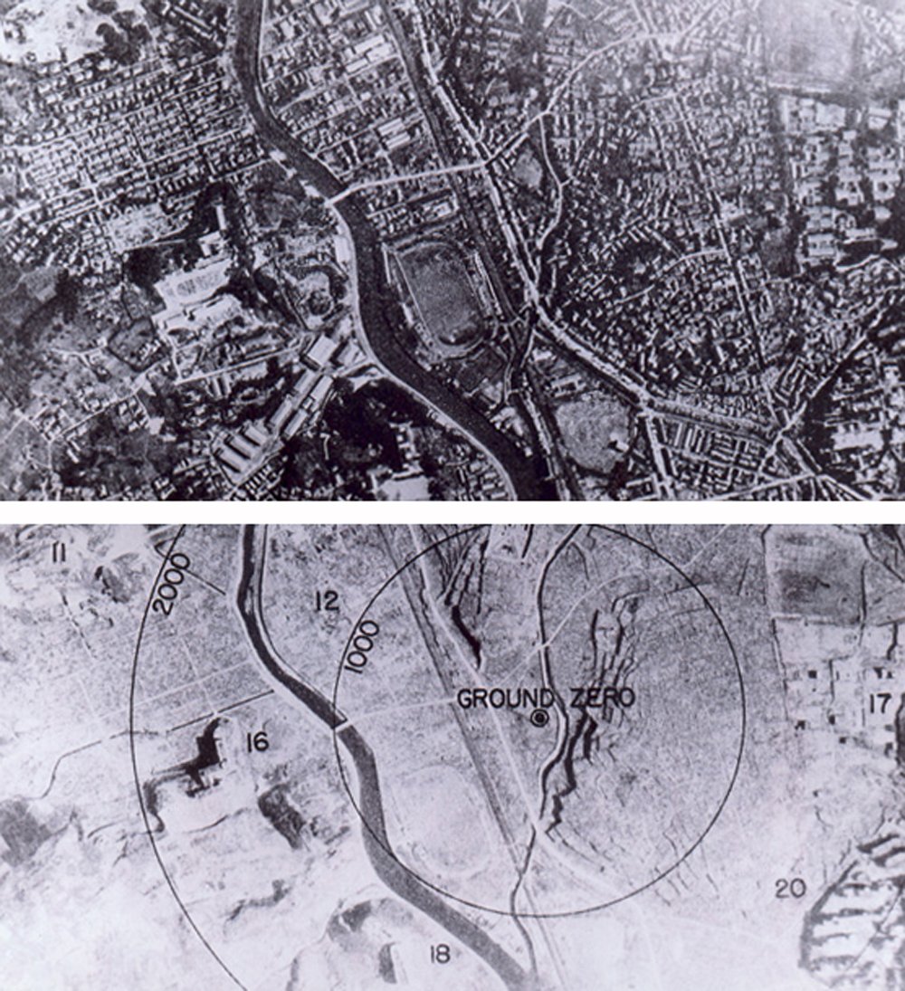Nagasaki, Japan, before and after atomic bomb blast