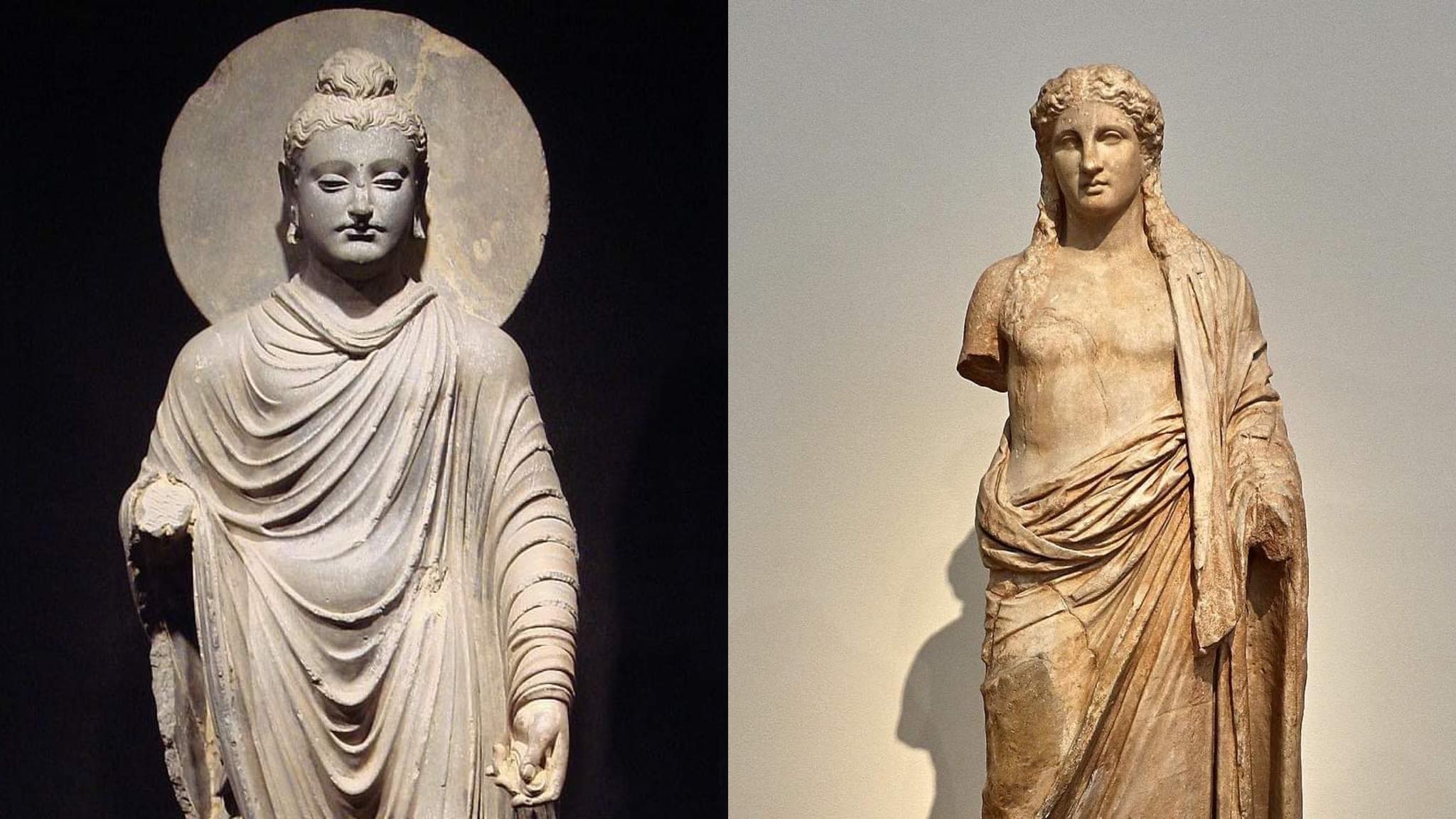 A statue of Buddha that shows the clear influence of ancient Greece on Buddhism, compared to an ancient Greek statue.