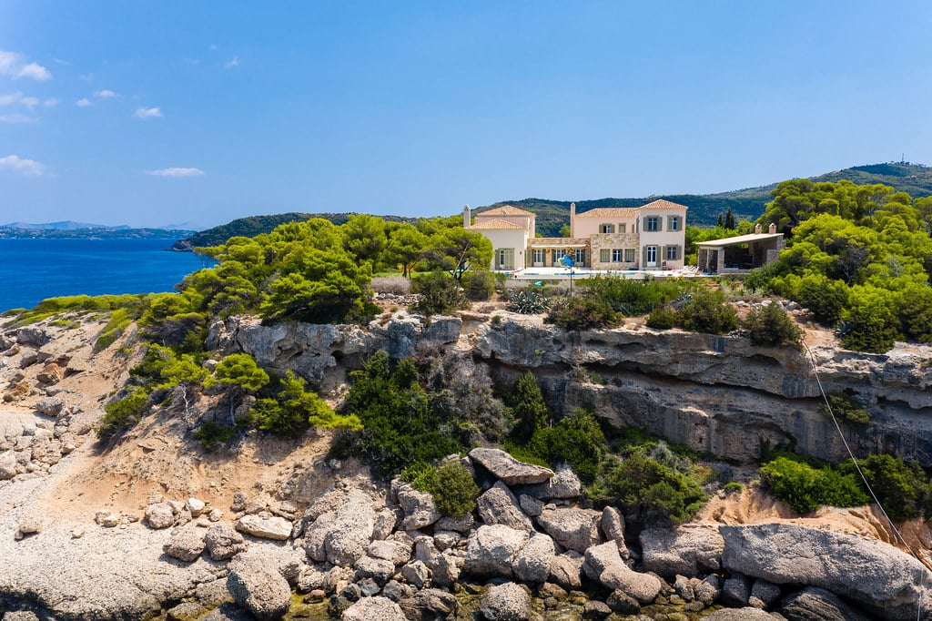 Villa next to the sea on top of a cliff on spetses island greece