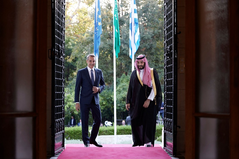 Greek PM Kyriakos Mitsotakis and Mohammed bin Salman Al Saud (MBS) of Saudi Arabia