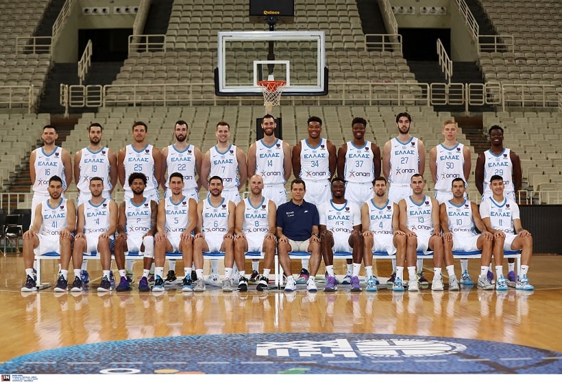The Greek National Basketball team poses for an official photo.