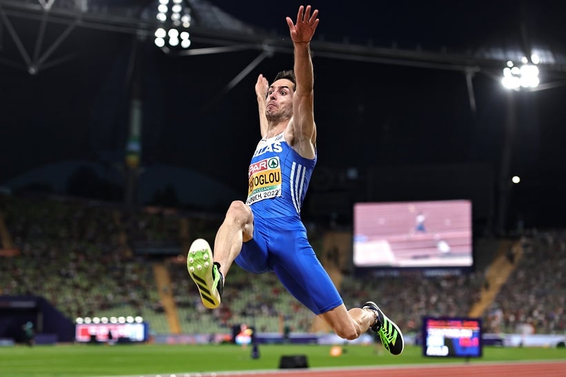 Greek athlete Miltiadis Tentoglou competing in men's long jump at the European Athletics Championships in Munich