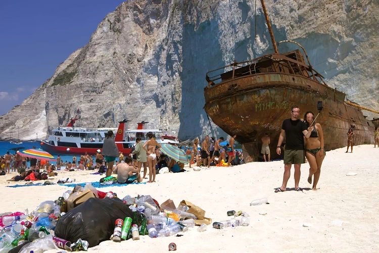 Piles Of Litter Left By Tourists On Zakynthos Navagio Beach