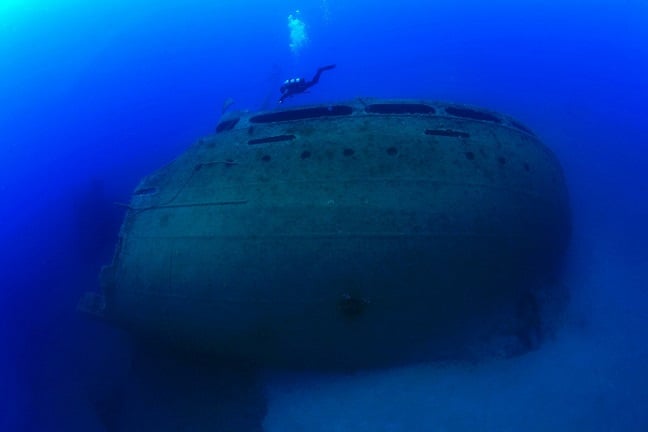 A sunken shipwreck off Karpathos island, Greece.