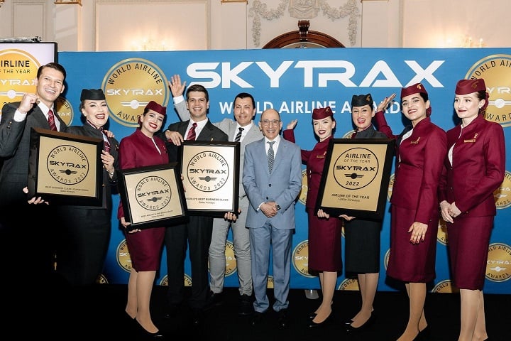 Qatar Airways staff celebrate win at Skytrax World Airline Awards 2022 in London.