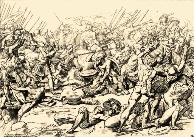 Battle of Potidaia, 431 BCE, between Athens and Corinth. Socrates is defending his student Alcibiades on the ground (center). Engraving, 1788. 