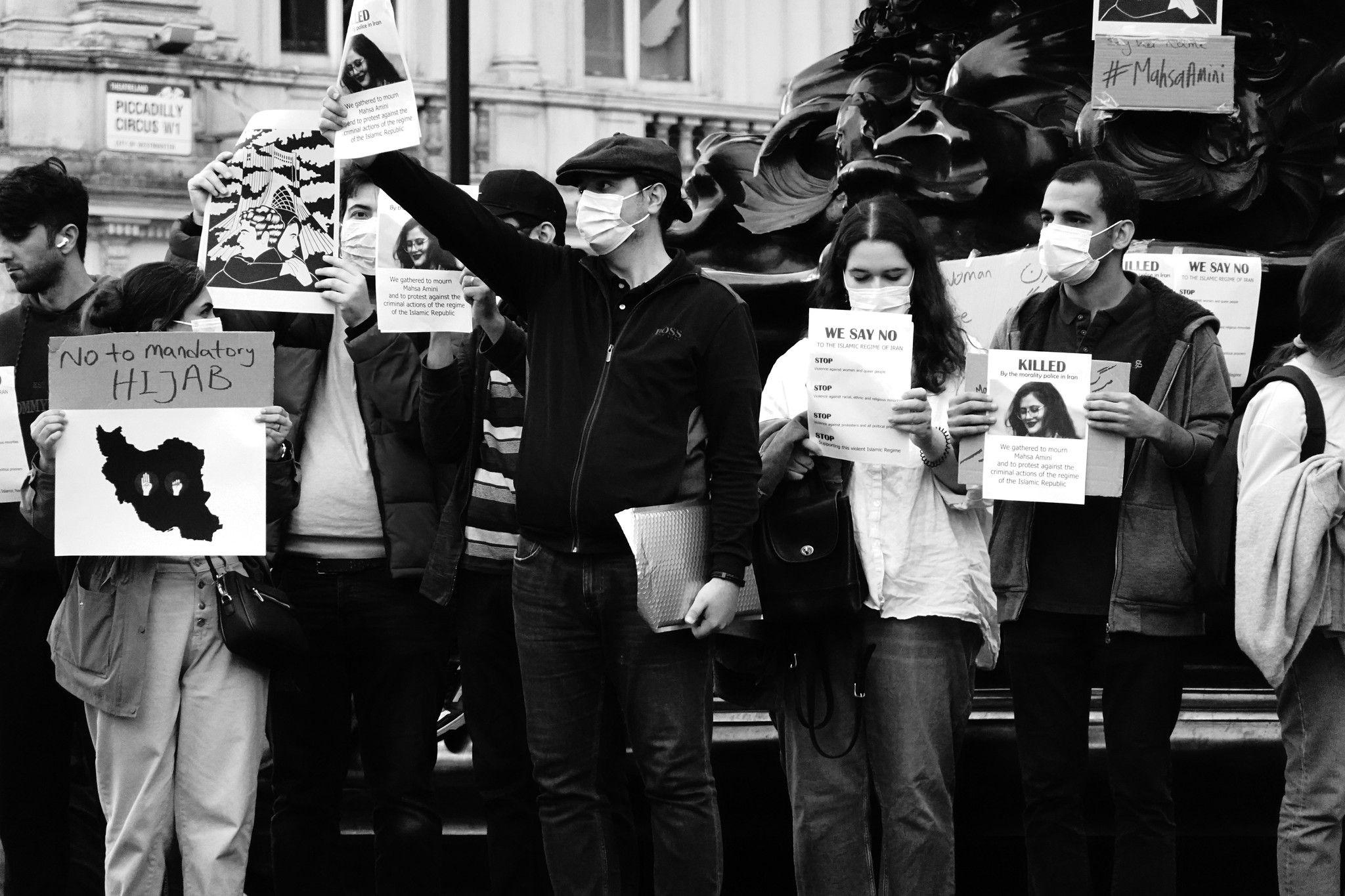 Protest at London's Piccadilly Circus against mandatory hijab in Iran. 