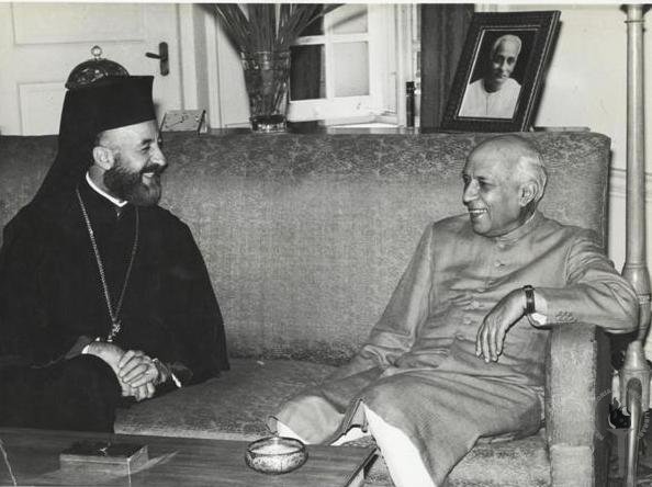 India’s first Prime Minister Jawaharlal Nehru with first President of Cyprus Archbishop Makarios III. Image source: Ministry of Culture Government of India.
