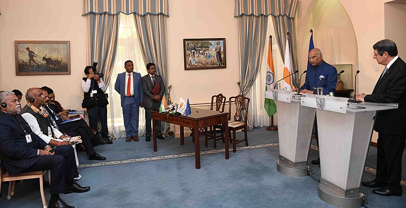 The President, Shri Ram Nath Kovind and the President of Cyprus, Mr. Nicos Anastasiades delivering the press statements after witnessing the signing of Bilateral agreements between India and Cyprus, at the Presidential Palace, in Nicosia on September 3, 2018. Image source: Wikipedia.