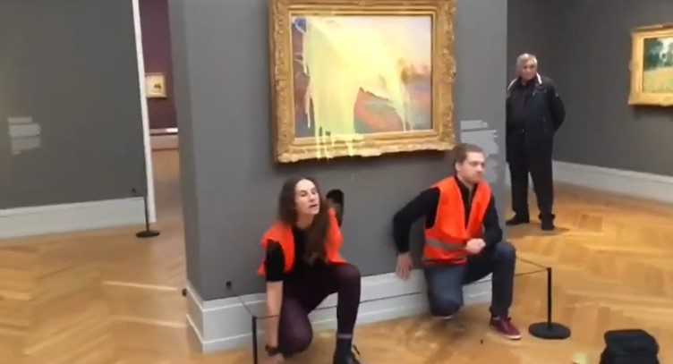 German Climate Activists toss Mashed Potatoes at Monet Painting