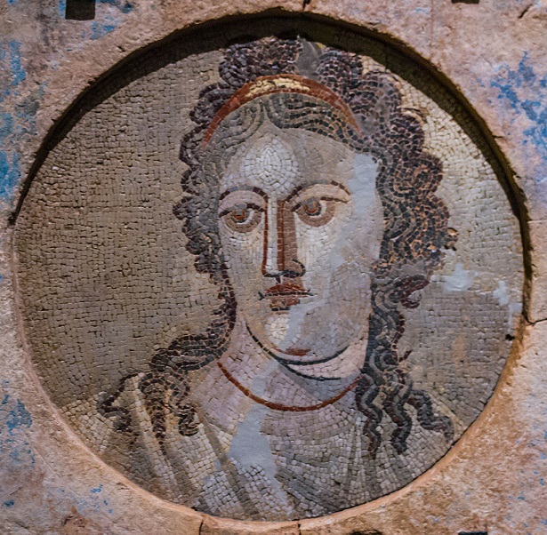 Ancient mosaic of Mnemosyne, the goddess of memory and the mother of the nine Muses.