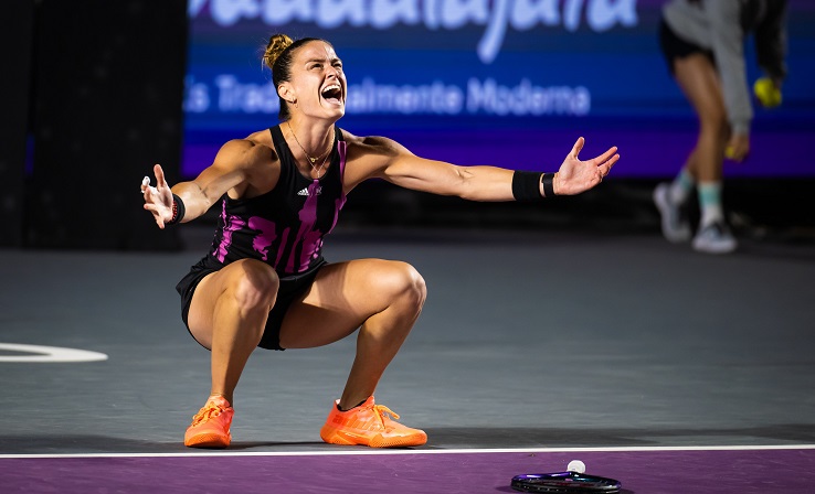Maria Sakkari celebrates her win against Veronika Kudermetova at the Guadalajara Open Akron on October 21, 2022.