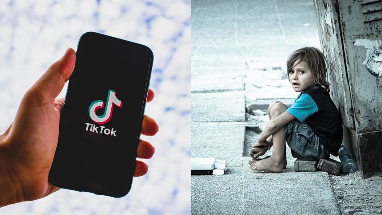 collage TikTok logo on cellphone screen and refugee child from Syria