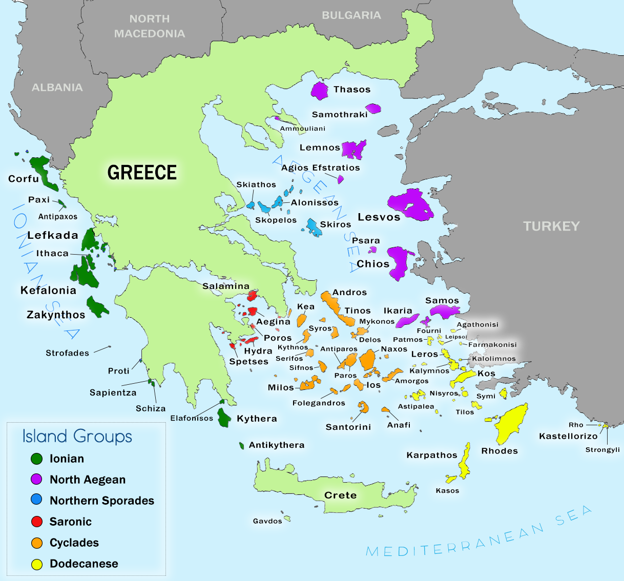 Greek map of aegean sea and Island groups